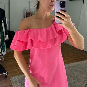 JB by Julie Brown hot pink suede, double ruffle top off the shoulder mini dress